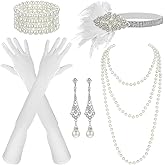 5Pcs 1920s Accessories Set for Women Flapper Costume, Fashion Vintage Roaring 20s Costumes for Women with Feather Headband, Faux Pearl Necklace Bracelet, Earrings, Cloth Gloves Beige