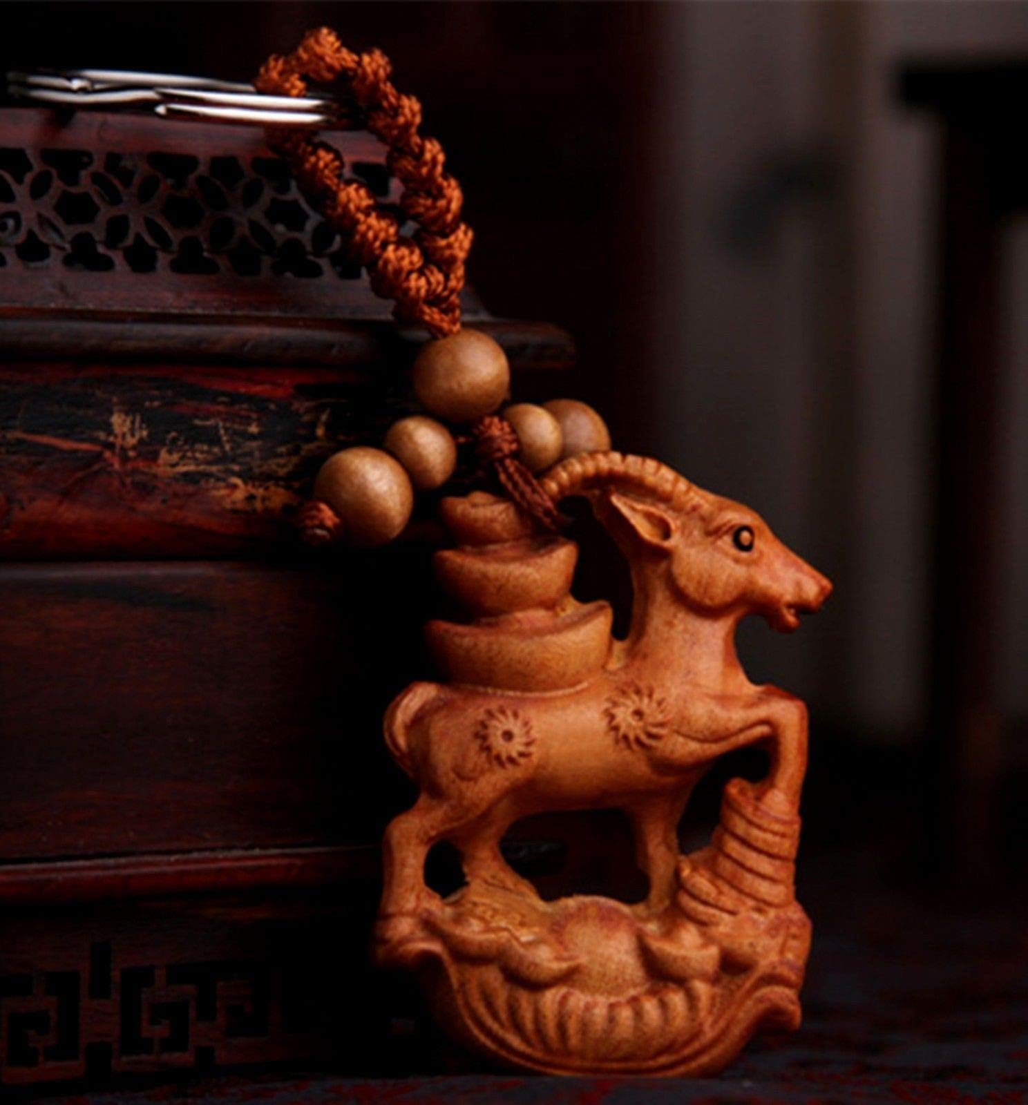 Feng Shui Handmade 3D Peach Wood Zodiac Ram Goat Sheep Key Ring Chain Amulet