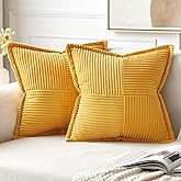 MIULEE Golden Yellow Corduroy Pillow Covers 18x18 Inch with Splicing Set of 2 Soft Boho Striped Pillow Covers Broadside Decorative Textured Summer Pillowcases for Couch Cushion Bed Livingroom