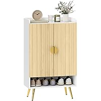 HOMCOM Narrow Shoe Cabinet for Entryway, Shoe Storage Cabinet with 2 Doors, Adjustable Shelves, Open Compartment and Steel Le