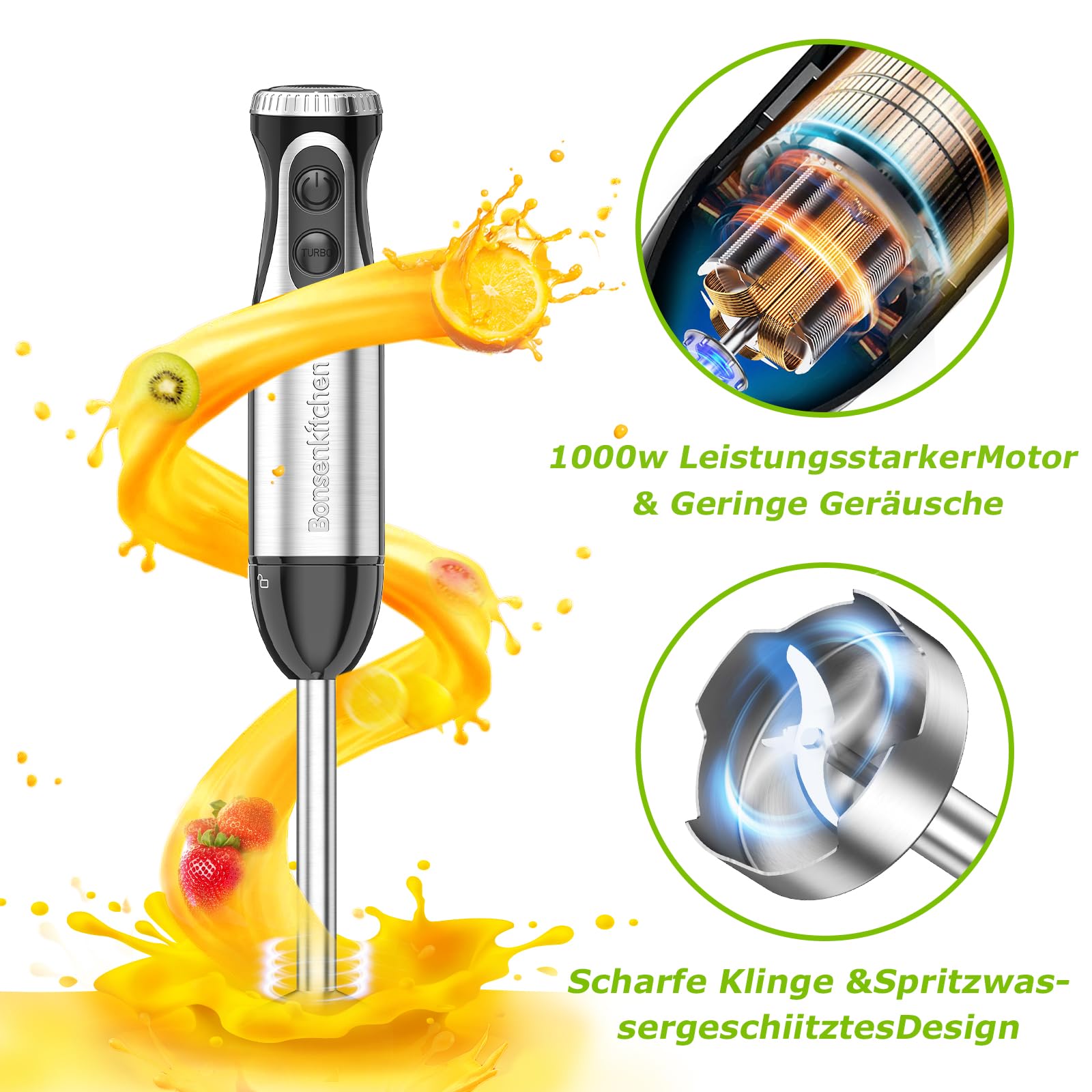 Bonsenkitchen Pürierstab, 4-en-1 Stabmixer Elektrischer, 1000W Stufenlos Geschwindigkeiten, Edelstahl, Schneebesen, 500ml Häcksler und 700ml Messbecher für Babynahrung, HB3203 (Schwarz) 7