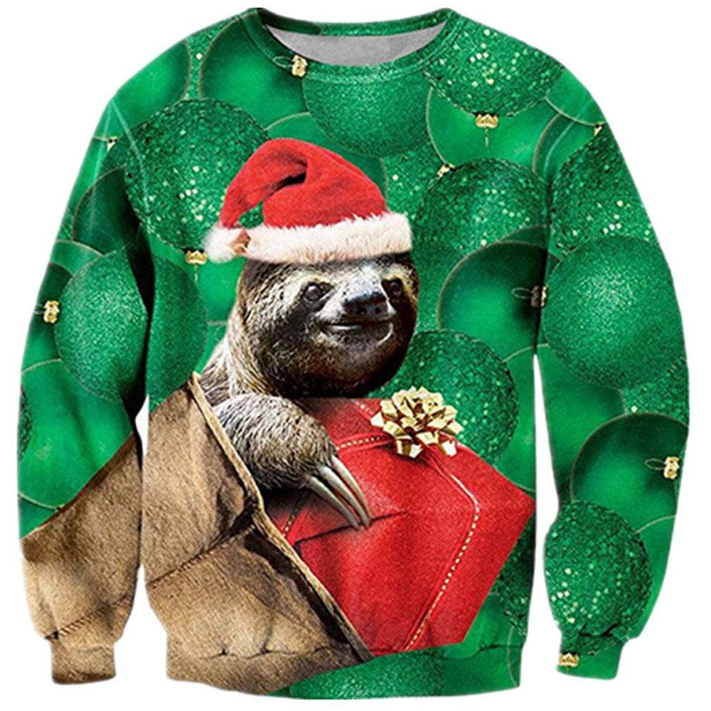 Loveternal 3D Printed Sloth Sweater Christmas Green Pullover Sweatshirts Blouse Shirt for Men Women XL
