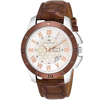 GR355-SLV-BRW Brown Leather Strap Wrist Watch for Men
