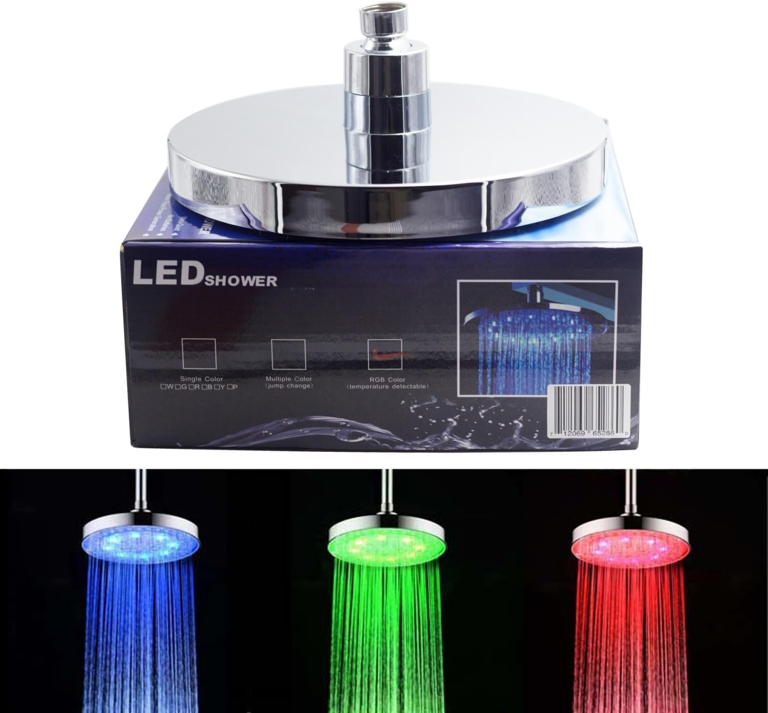 Landoom LED Shower Head Color Changing by Water Temperature Sensor, NO battery required - 8" Chrome Finish