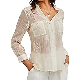 Women's Long Sleeve Sheer Floral Embroidered See Through Button Down Blouse Lightweight Boho V Neck Shirts