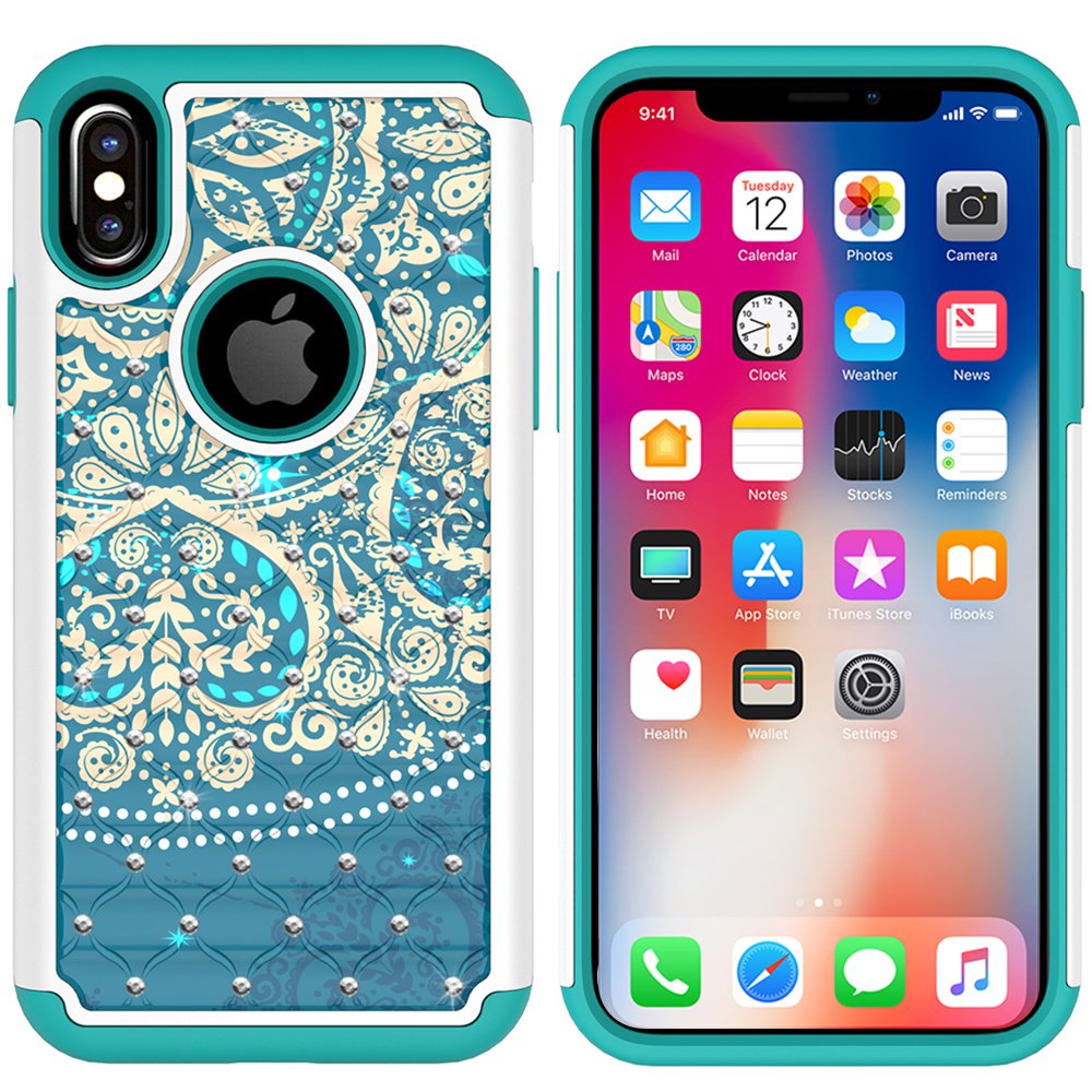 iPhone X Case, MagicSky [Shock Absorption] Studded Rhinestone Bling Hybrid Dual Layer Armor Defender Protective Case Cover for iPhone X (2017) - Flower1