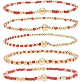 Tyebiva Rainbow Red Beads Stack Bracelets for Women, 5Pcs Cute Boho Handmade Gold Beaded Stackable Stretch Bracelet Everyday Fashion Jewelry Gift.