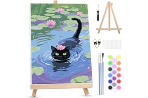 MXJSUA Black Cat Framed Paint by Numbers Kit for Adults Beginner with Wooden Easel, Lotus Flowers Adults' Paint-by-Numbers on