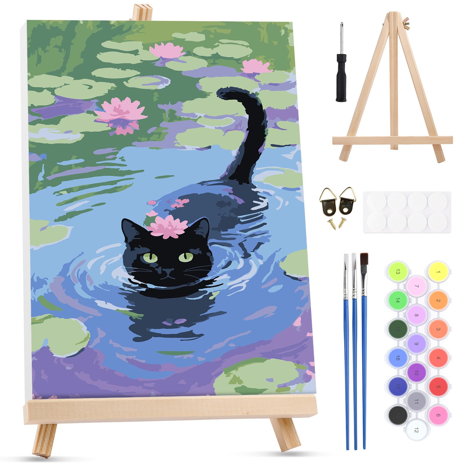 MXJSUA Black Cat Framed Paint by Numbers Kit for Adults Beginner with Wooden Easel, Lotus Flowers Adults' Paint-by-Numbers on Canvas, Easy DIY Acrylic Number Painting for Home Decor Gifts, 20x30cm