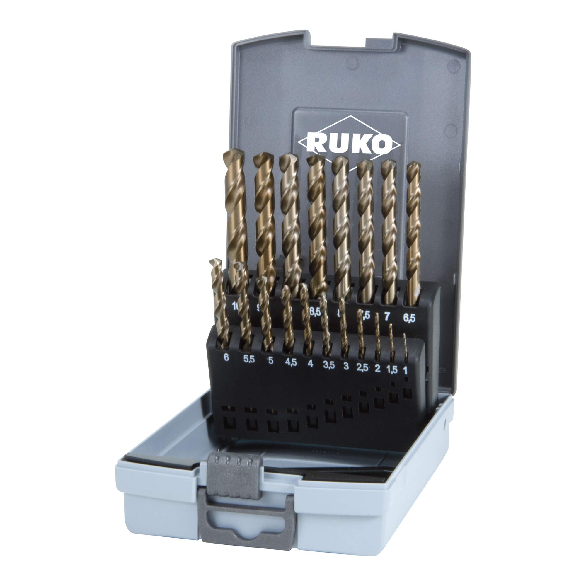 RUKO HSSE-Co 5 Twist Drill Bit Set in Plastic Case, DIN 338, Type VA, Gold Finish, 19 Pieces, R215214RO