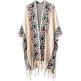 BEAUDRM Women's Graphic Fringe Shawl Tassel Ponchos Cape Boho Oversized Western Cardigan Sweater