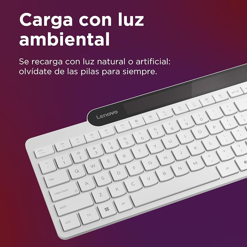 Teclado Bluetooth 800 com carregamento automático, recarga com luz ambiente, ligação para até 3 dispositivos, teclas silenciosas e plástico reciclado – branco