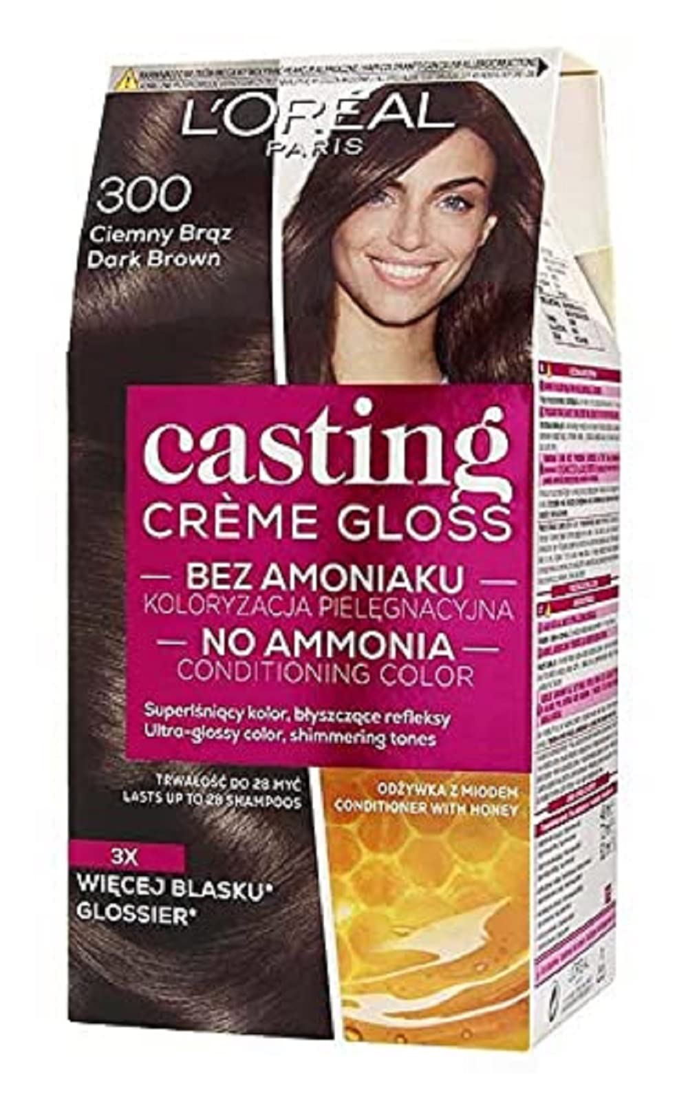 L'Oréal Paris Casting Crème Gloss Semi-Permanent Hair Dye, Ammonia-Free Formula & Honey-Infused Conditioner, Glossy Finish, Colour for Up to 28 Shampoos, Colour: 300 Darkest Brown