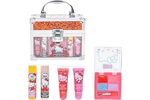 Hello Kitty Beauty Mini Train Case Set Includes Lip Gloss Tube, Lip Balm, Lip Gloss Compact for Girls Party, Sleepovers by Townley Girl