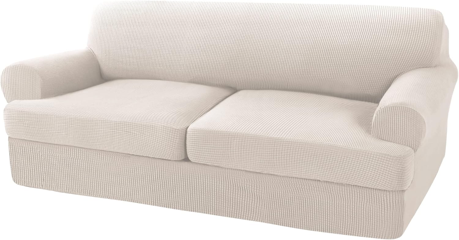 Slipcovers - 3 Pieces Sofa Covers T Cushion Sofa Slipcovers for 2 Cushion Couch Cover Soft Sofa Slip Cover Furniture Covers with 2 Individual T Cushion Seat Covers, Machine Washable (2 Cushion Sofa, Ivory)