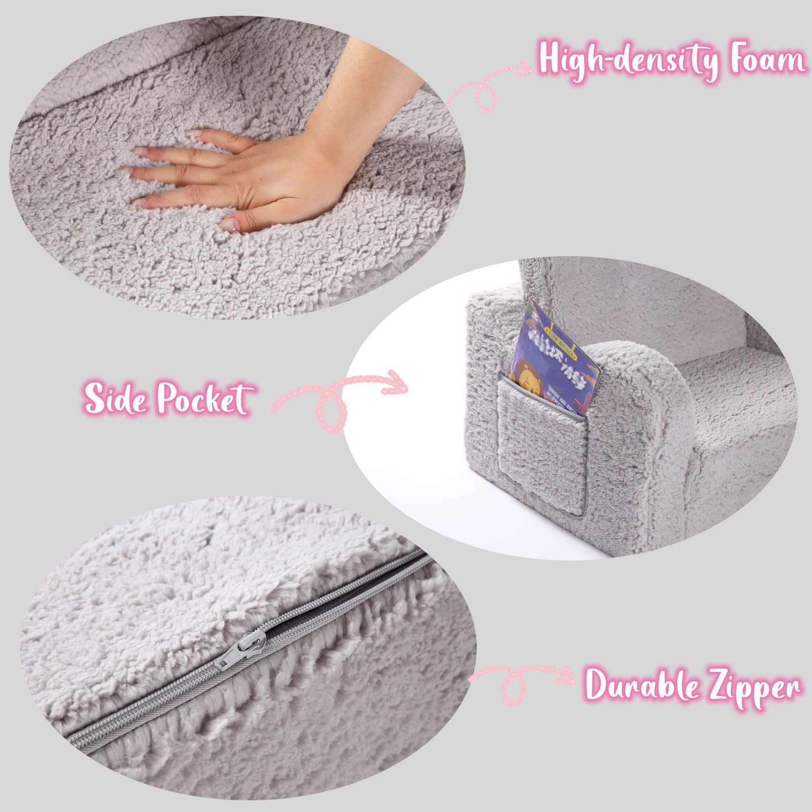 Kids Sofa, 2-in-1 Flip-Out Foam Couch with Soft Sherpa Cover, Cozy Play Lounge Chair, Grey