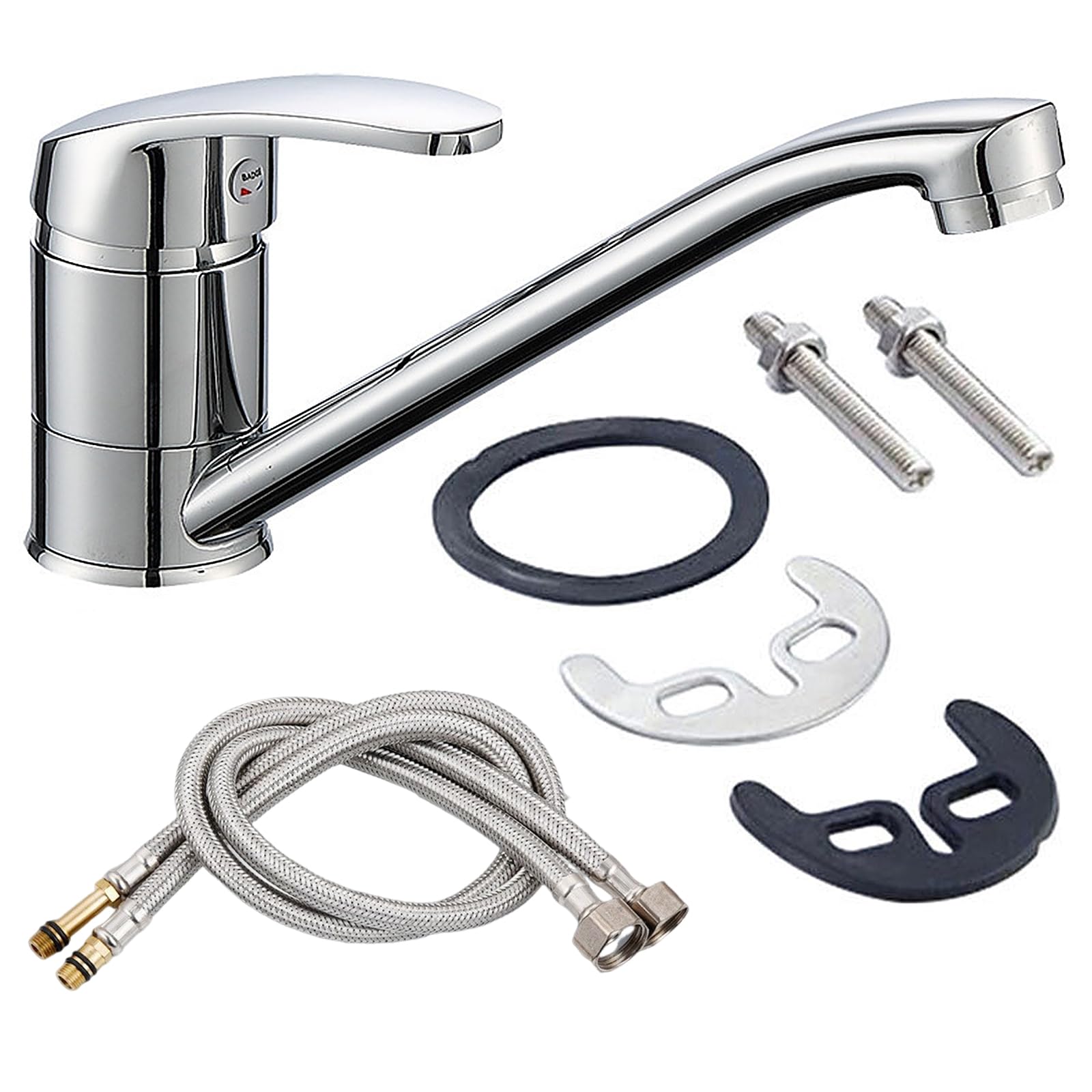 Kitchen Sink Mixer Tap & 2X Hoses 60cm, Caravan Tap, Monobloc Single Top Lever with Long Swivel Spout, Traditional Faucet Chrome