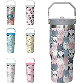 Xchearser Cat Tumbler with Handle and Flip Straw for Women Men, 30oz Cute Stainless Steel Insulated Cup, Water Bottle Travel Coffee Mug, Gifts for Animal Lovers