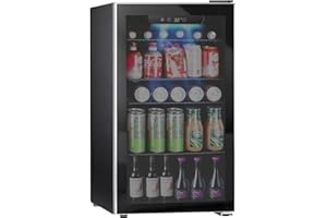 Kndko Mini Beverage Refrigerator and Cooler - 130 Can Mini Fridge with Glass Door, Digital Temperature Control, LED Light, Reversible Door, Perfect for Home, Office, Bar, and Game Room - 3.2 Cu.Ft