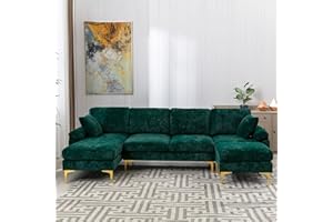 KIVENJAJA U-Shaped Sectional Sofa Couch, Modern Velvet L-Shaped Couch Set with Chaise Lounge, Ottoman and Pillows for Living Room Office Apartment, 114 inches (Emerald Green)