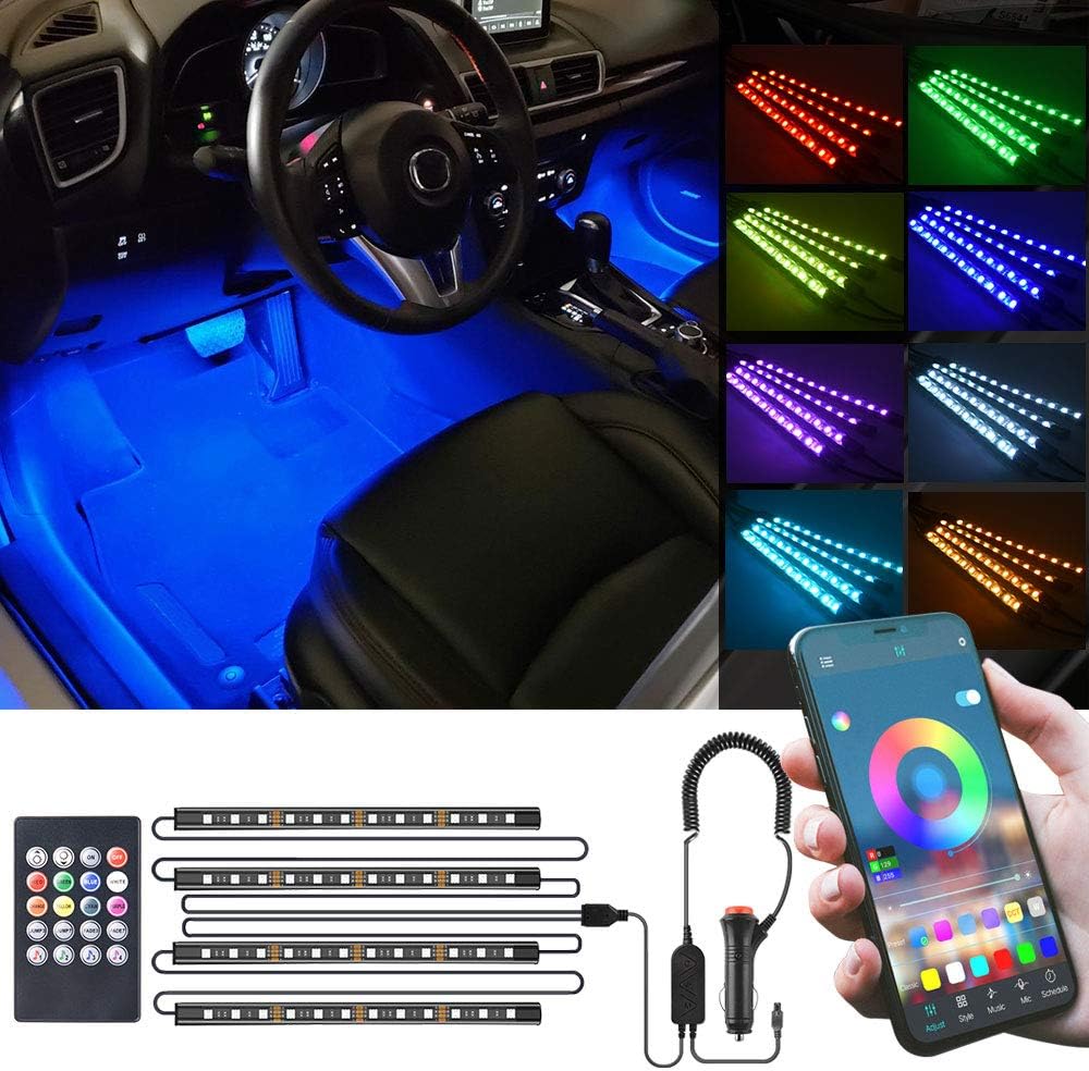 MICTUNING RGB Car LED Strip Light - 4pcs 48 LEDs Multicolor Music Interior Atmosphere Lights - LED Under Dash Lighting with Sound Active Function, APP Controller, Wireless Remote Control, Car Charger