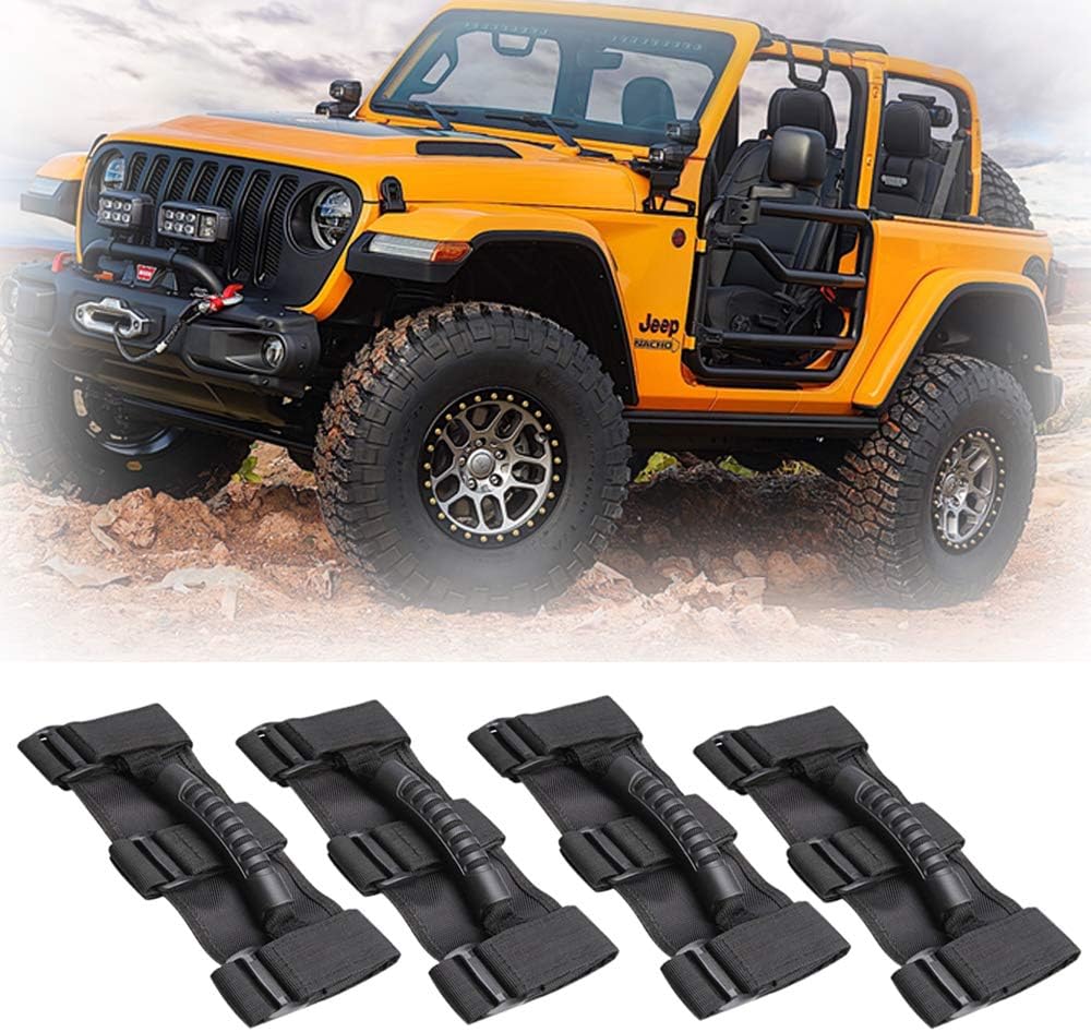 MAXTUF Roll Bar Grab Handles, 4 X Grip Handle for Jeep Wrangler YJ TJ JK JKU JL JLU Sports Sahara Freedom Rubicon X & Unlimited 1995-2018, Easy-to-fit 3 Straps Design for Off Road Enthusiasts, Black