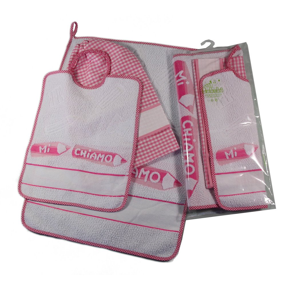 Nursery School Set to Embroider. Complete 3 Pieces: bib with Elastic 29 x 35 cm, Towel 40 x 55 cm and Bag 32 x 37 cm with ethamine Band for Cross Stitch, 100% Cotton, Fuchsia