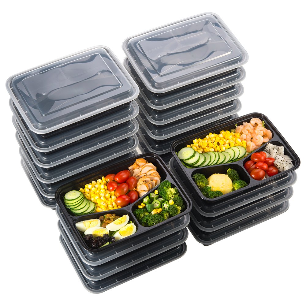 Freezer Meal Prep Food Containers 32 oz (20 Pack) 3 Compartment Lunch