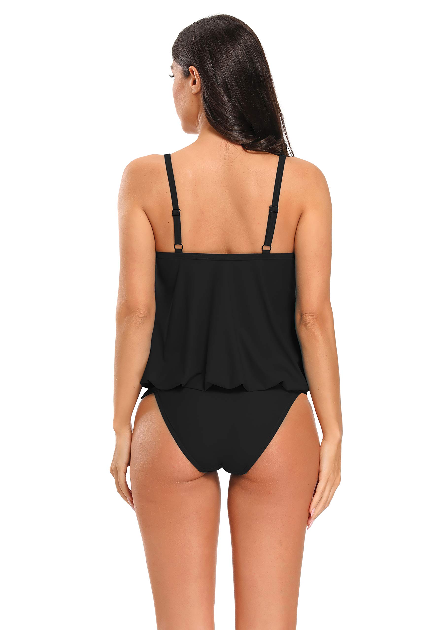 AOVXO Tankini Swimsuits for Women 2 Piece Flared Swimwear Tankini Top with High Waisted Triangle (Black, US10~12)