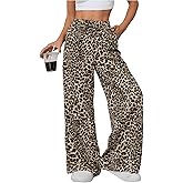 Floerns Women's Drawstring Waist Leopard Print Trousers Tie Front Wide Leg Pants