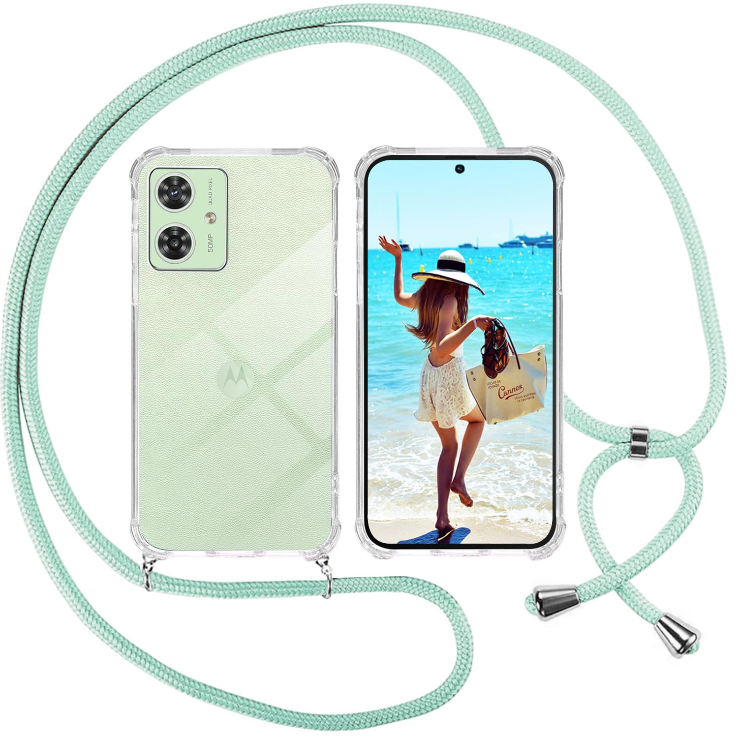 ISOI Phone Case Cover with Lanyard for Motorola Moto G54, Transparent Case with Necklace Shoulder Strap Neck Strap Ultra Thin Soft TPU Silicone Shockproof Anti-Scratch Non-Slip, Green