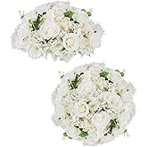 BLOSMON Artificial Flower Balls Centerpieces: 2 Pcs 15.7" Large White Fake Flowers Rose Hydrangea Ball Arrangement Center Pieces for Wedding Table - Faux Silk Floral for Party Home Reception Decor