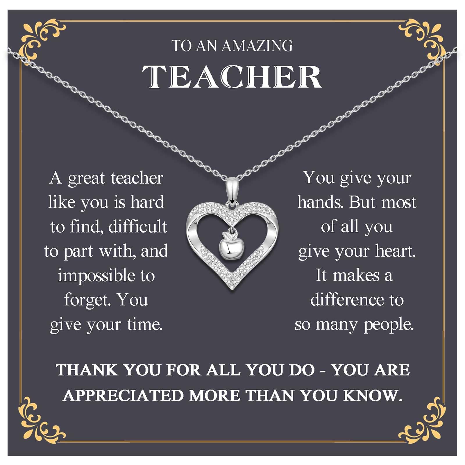 VOSAP Teacher Gifts - Heart Pendant Necklace for Women, End of Year Leaving Gift, Perfect Teacher Present in Silver