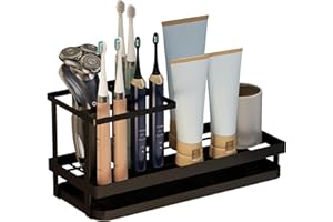 QUELIEN Toothbrush Holders for Bathroom,Carbon Steel Bathroom Organizer Countertopr for Electric Toothbrush,Toothpaste and Razors-Which is Perfect for Countertop Storage,Shower,Sink (Black)