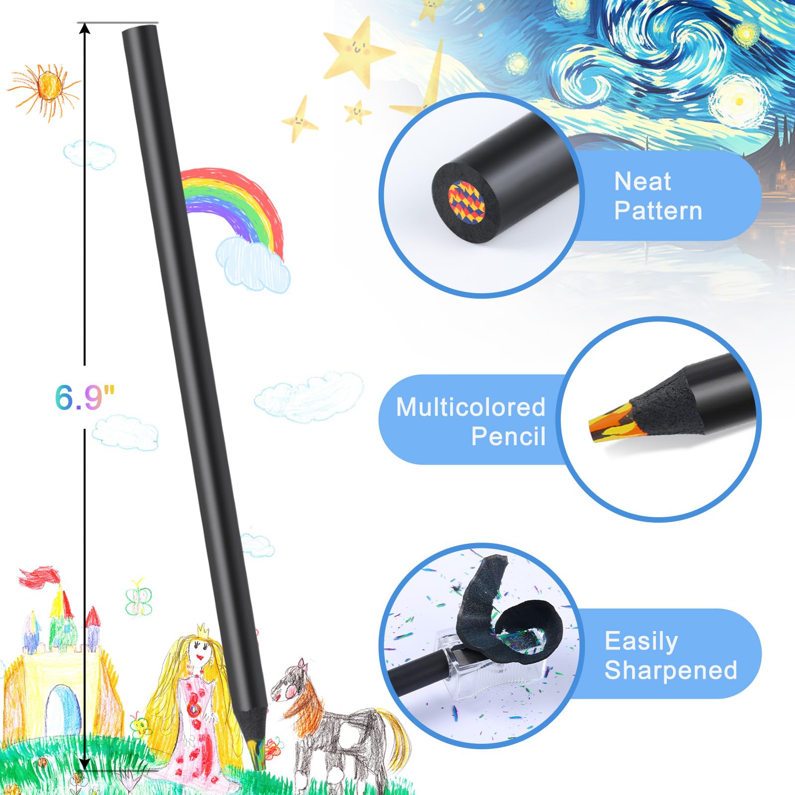 TINNIVI 12 Colors Rainbow Pencils for Kids Adults, Rainbow Colored Pencil Art Supplies for Girls Boys, Black Wooden Multi Colored Pencils Bulk for Coloring Drawing Sketching, Pre-sharpened