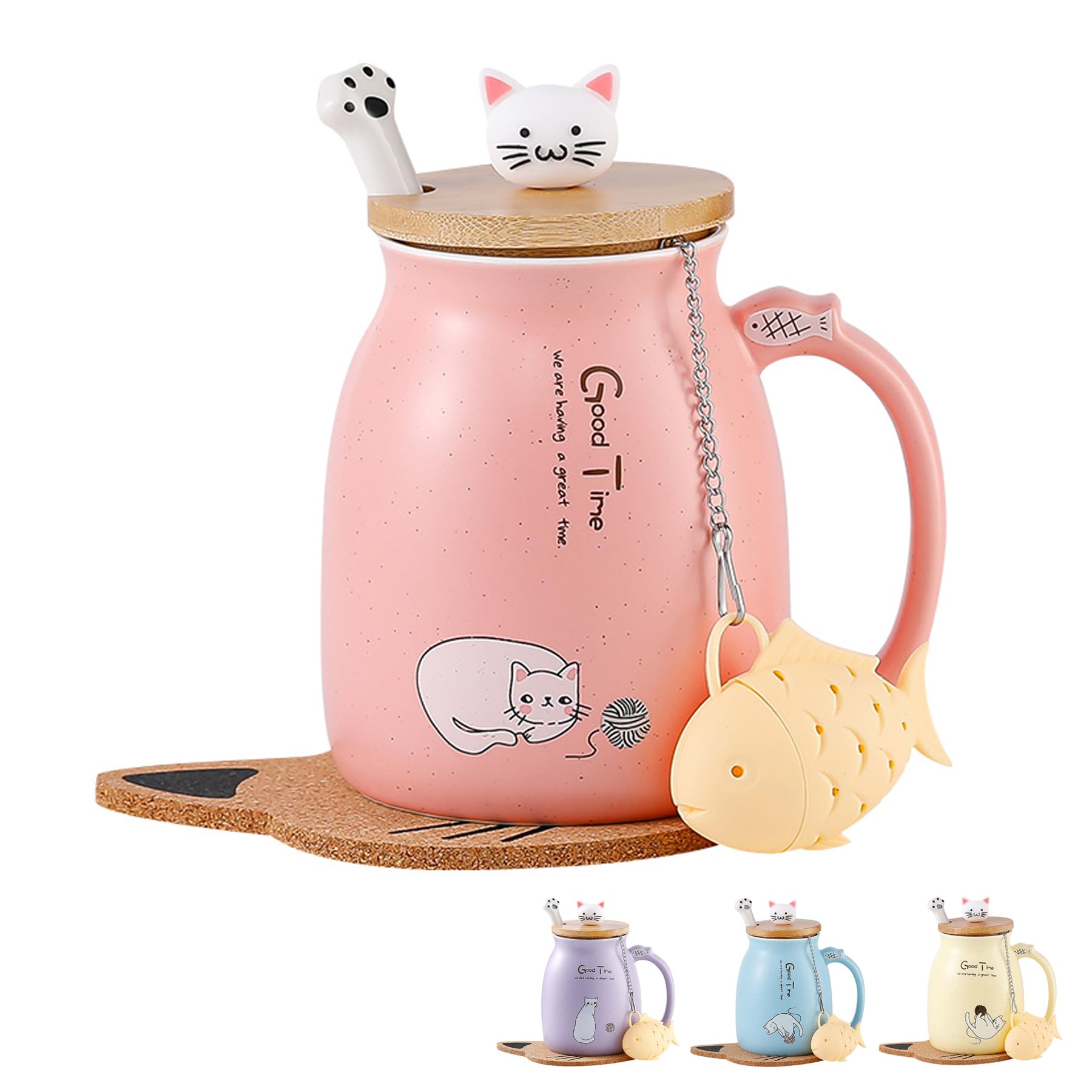 Cat Mug Gifts for Women Cute Ceramic Coffee Cup with Lovely Kitty lid Stainless Steel Spoon,Novelty Morning Cup Tea Coffee Mug with Lid Tea Infuser Christmas Birthday Gifts for Cat Lovers Presents