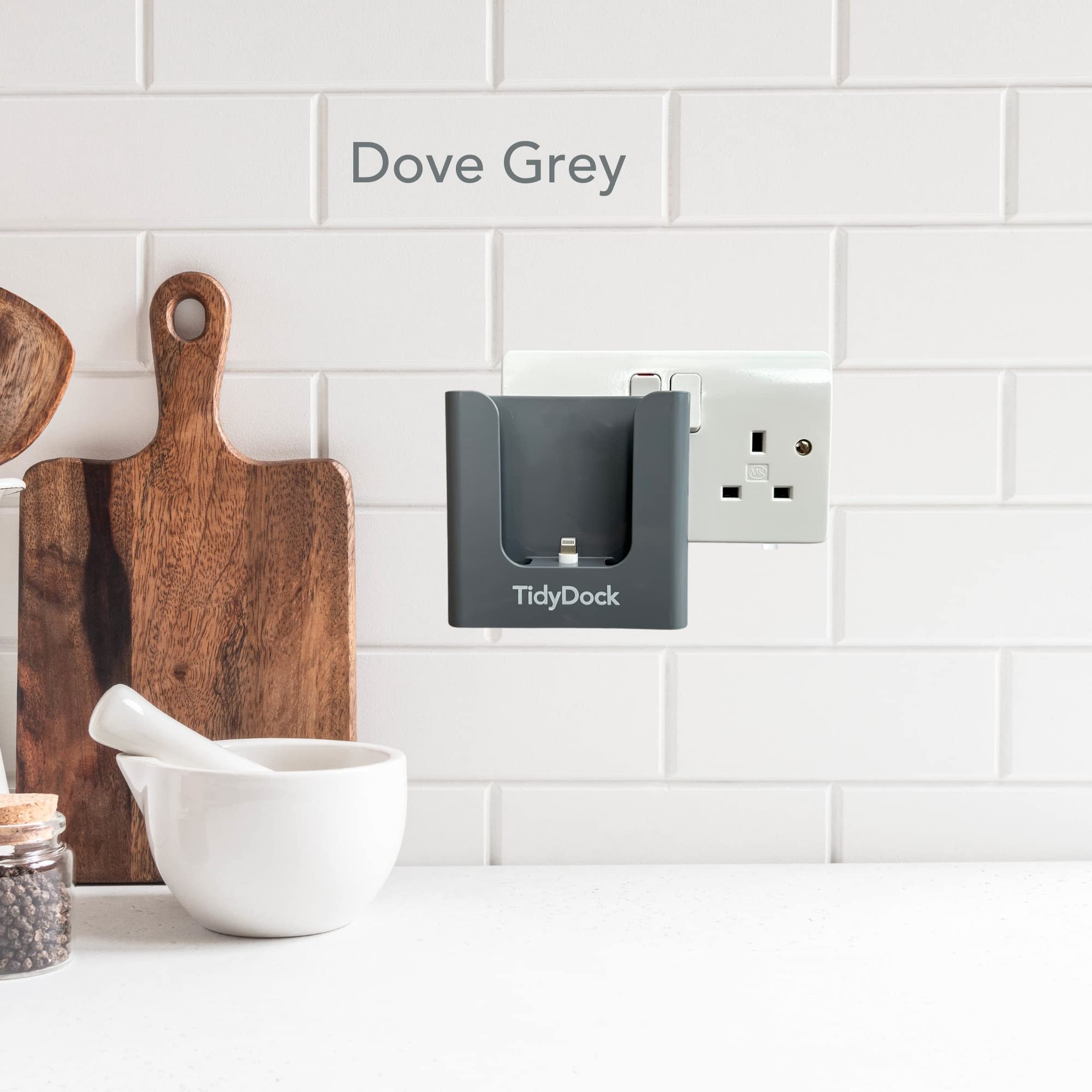 TidyDock, Super Neat Plug Mounted Docking station, charging station, for iPhone (all models) - Dove grey