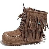 BANGTEUO Girls Cowboy Tassel Ankle Boots Fashion Moccasins Comfy Side Zipper Round Toe Lace Up Non Slip Soft Sole Cowgirl Booties
