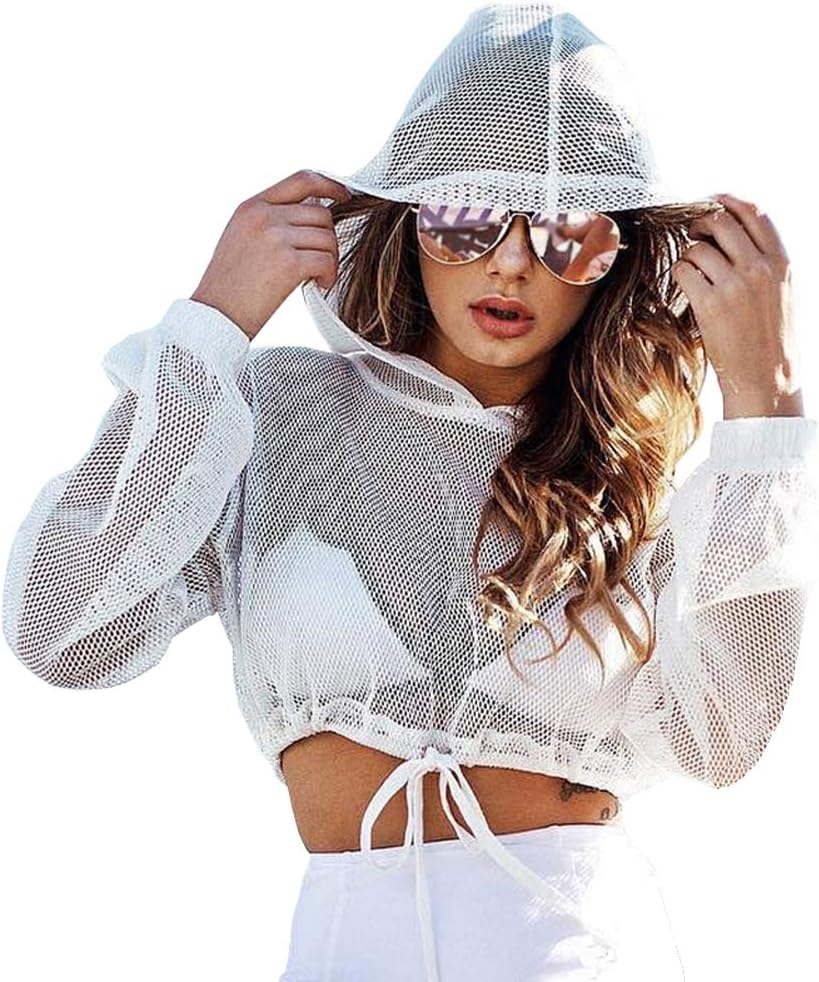 LOTUYACY Women's Sexy Fishnet Hooded See Through Sheer Pure Mesh Crop Top