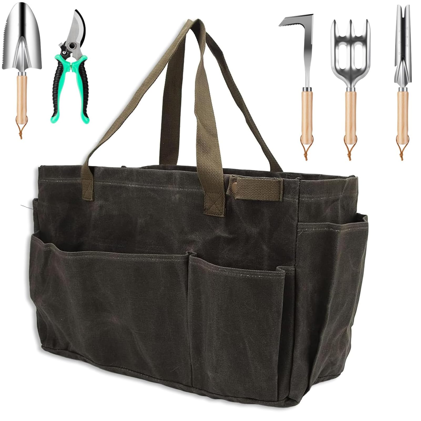 HERCHR Camp Pot Storage Bag with Pockets, Gardening Tote Organizer Garden Tool Bag Waterproof Wearproof Large Capacity Gardening Tools Storage Tote Organizer Heavy Duty Hand Tool Carrier (Olive)