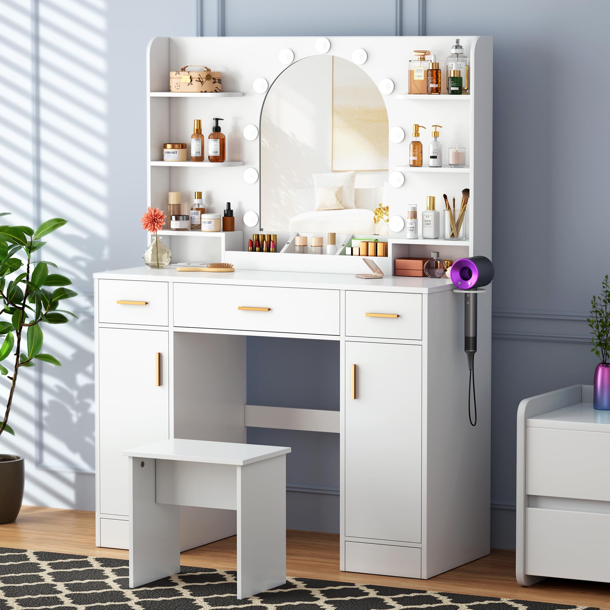 Photo 1 of Decofy Vanity Desk with Mirror and 12 LED Lights, Makeup Vanity Table with USB & Power Outlets, 4 Drawers and Hairdryer Holder, Padded Stool with Storage, White
