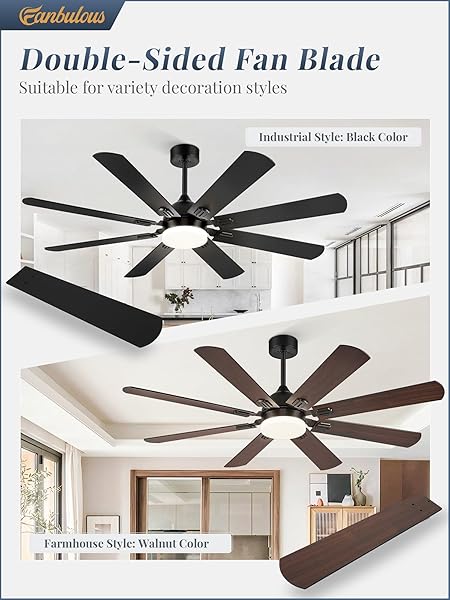FANBULOUS 62 INCH CEILING FANS WITH LIGHTS, BLACK MODERN CEILING FAN WITH REMOTE,LARGE FARMHOUSE INDOOR & OUTDOOR CEILING FAN WITH 8 DUAL FINISH BLADES, QUIET DC MOTOR, BRIGHT LED LIGHT