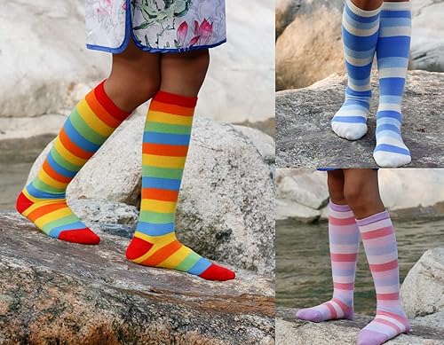 Hzcojulo Girls Knee High Socks Kids Toddler Colorful Stripe Leg