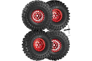 hopsupRC 1.0 Beadlock Wheels Rim&Tires Wheel for 1/18 TRX4m,1/24 SCX24 RC Crawler,1.0‘’ Aluminium RC Wheel Hub Rim Rubber Tires.(4PCS).Red