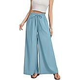 KICZOY Wide Leg Casual Pants Women Elastic Drawstring Waisted Palazzo Cropped Trousers Baggy Slacks with Pockets