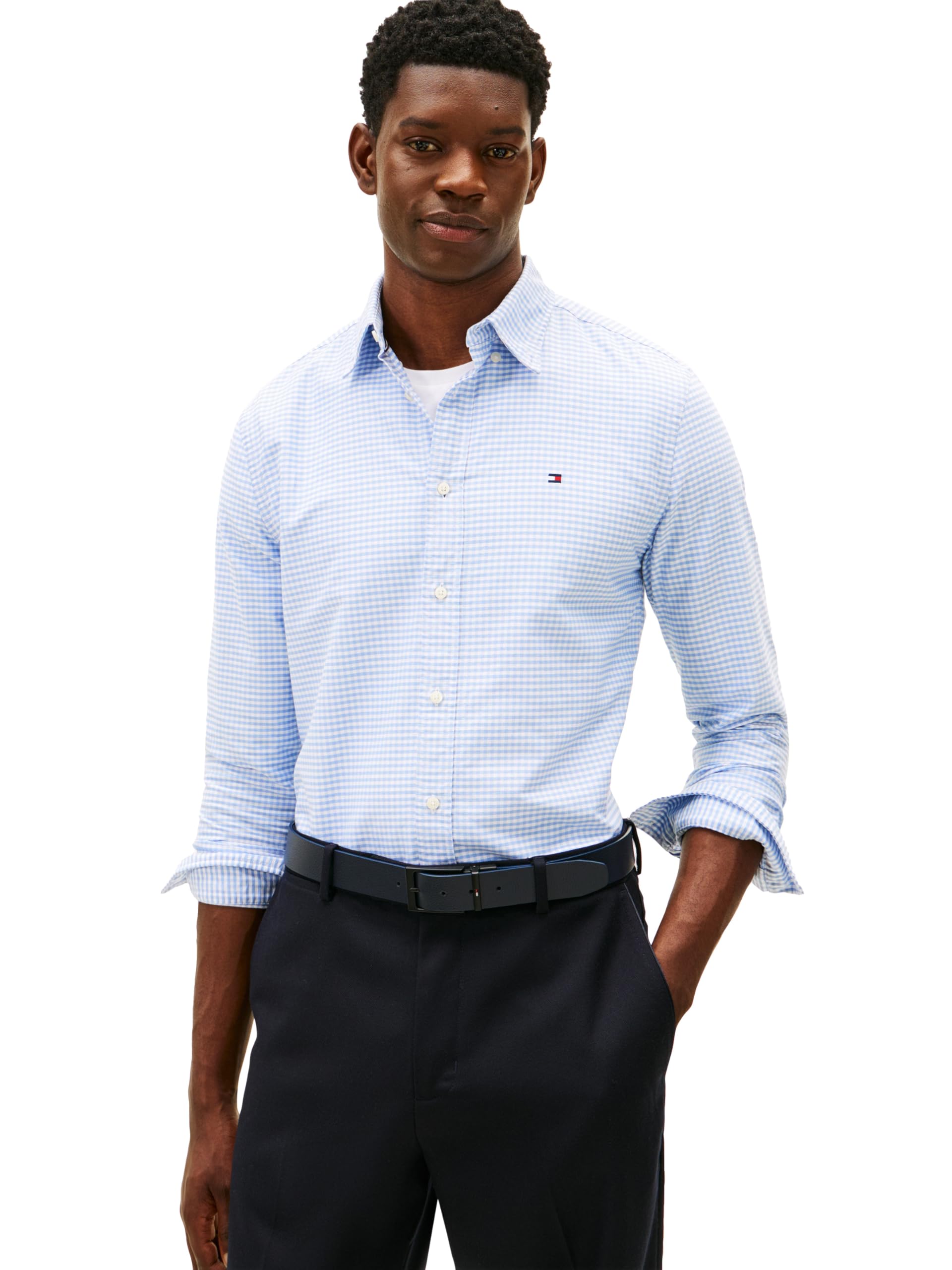 Tommy Hilfiger Men's Heritage Oxford Gingham Regular Long Sleeve Shirts, Cloudy Blue/Check Medium Image