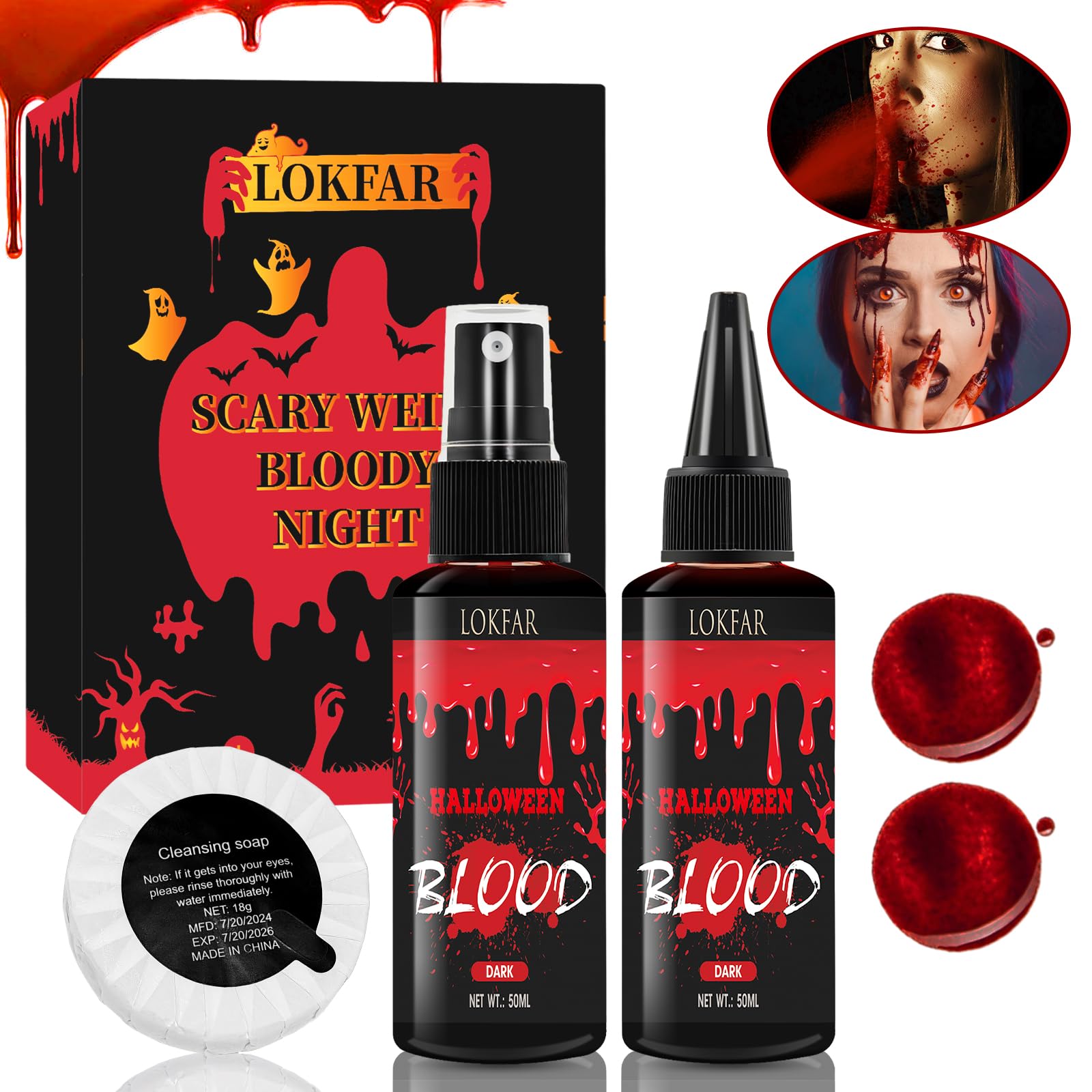 Photo 1 of 3PCS Halloween Fake Blood Makeup Kit, Fake-Blood Spray 50ML + Dripping Blood 50ML + Cleansing Soap, Fake-Blood Washable for Clothes Face Zombie Monster Vampire Cosplay SFX Makeup (Dark + Dark)