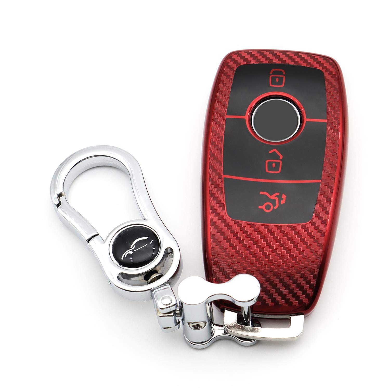 M.JVisun Soft Carbon Fiber Finish Car Key Fob Cover For Mercedes-Benz A-Class & E-Class - Electroplated TPU Case With Metal Keychain - Red — image 1