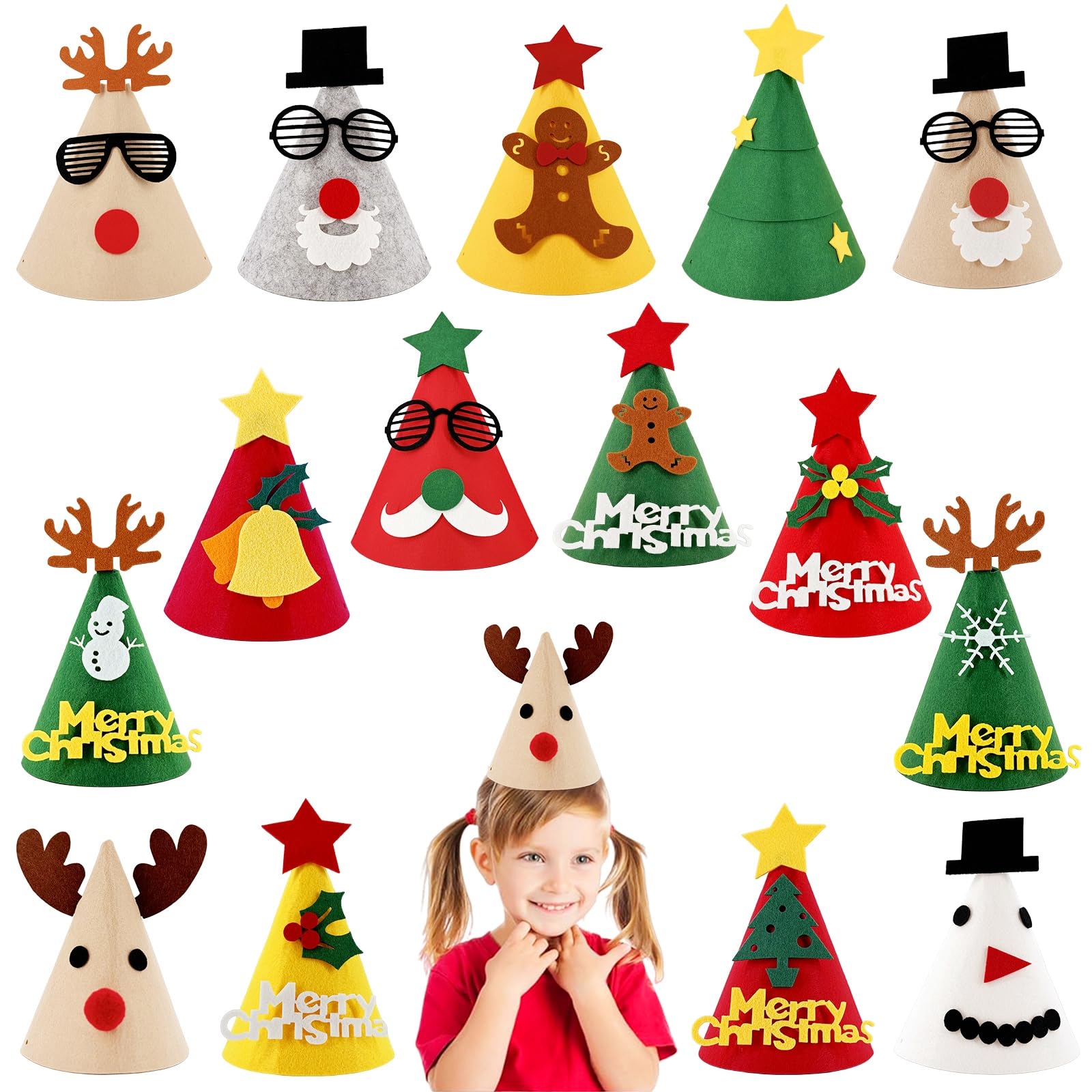 COSORO 15pcs Christmas Crackers Party Hats Christmas Hat Bulk for Kids,Adults,Funny Jokes Xmas Cracker Hat Novelty Cone Felt Hats,Reusable Festive Hats for Xmas Holiday New Years Eve Party Favors