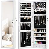 MASMIRE LED Jewelry Cabinet with Mirror - 47.3" Mirror Jewelry Armoire Door Hanging/Wall Mounted Mirror with Storage And Drawers White